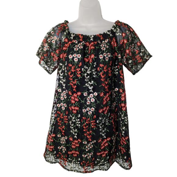 BB Dakota Floral Embroidered Sheer Overlay Mini Dress Tunic Black Size Medium - Picture 1 of 7